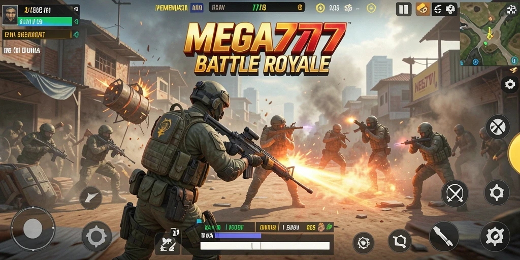 Screenshot gameplay MEGA777 menampilkan pertempuran seru di arena Battle Royale.